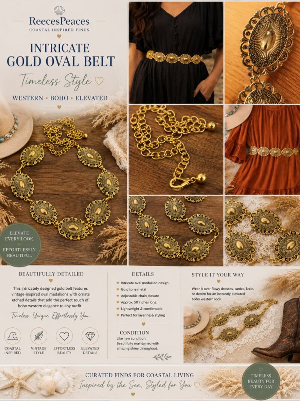 Vintage Gold Concho Chain Belt | Western Boho Festival Stateme